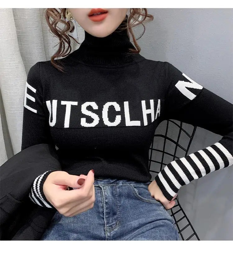 Turtleneck Pullovers Femme Autumn Winter Interior Lapping Fashionable Slim Bottoming Shirt Letter Knitting Sweater Striped Tops