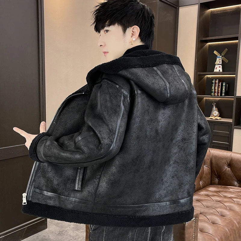 Autumn and winter fur one-piece thickened and fleece jacket for men and teenagers, gold embossed suede thickened warm jacket