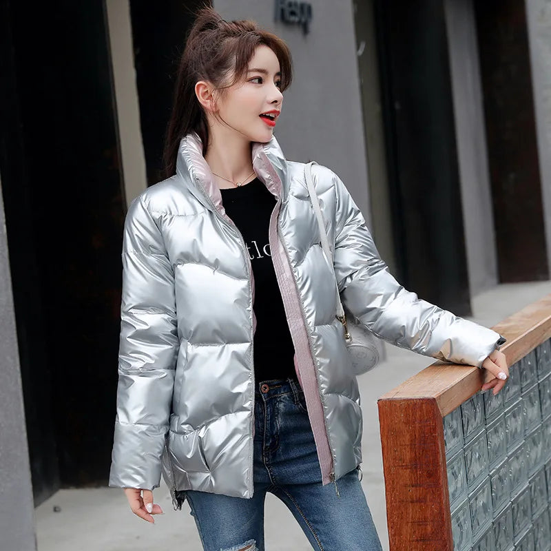 Glossy Down Women's Cotton Jacket Winter Slim Fit Stand Collar Parka Jacket Woman Casual Zipper Up Thick Warm Parkas Mujer