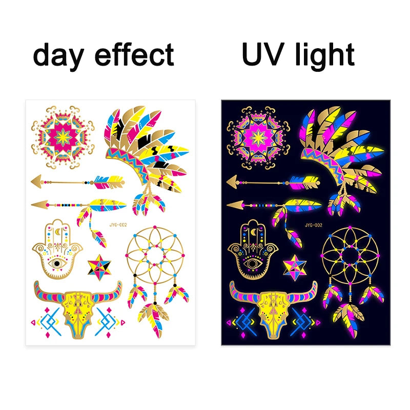 Luminous Temporary Tattoos Stickers Fluorescent Neon In Dark Illuminate Tattoo Elephant/Love Heart Shoulder Tattoo Party Sticker