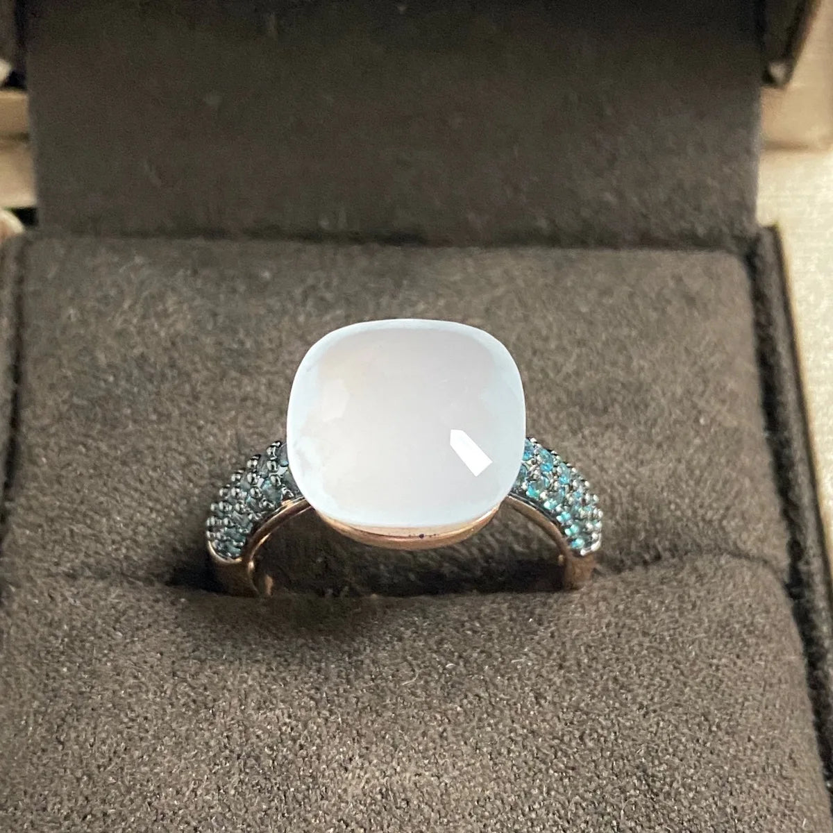 Blue Topaz Ring Inlay Black Zircon With Black Gun Plated 12.6mm Flat Crystal Ring For Women Party Fashion Jewelry Gift