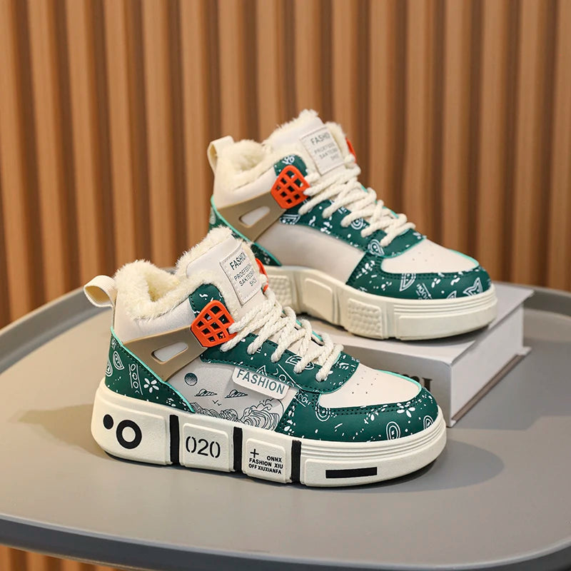 Kids Sneakers Winter Warm Plush Walking Shoes High-top Comfortable Fashion Casual Flat Tennis Shoes Childrens Boots for Boy