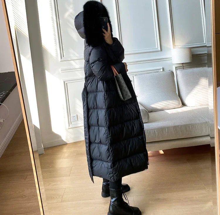 Real Fur Jacket 2024 Winter Women White Duck Down Jackets Ultra Light Warm Long Parkas Fox Fur Collar Female Hooded Snow Coats