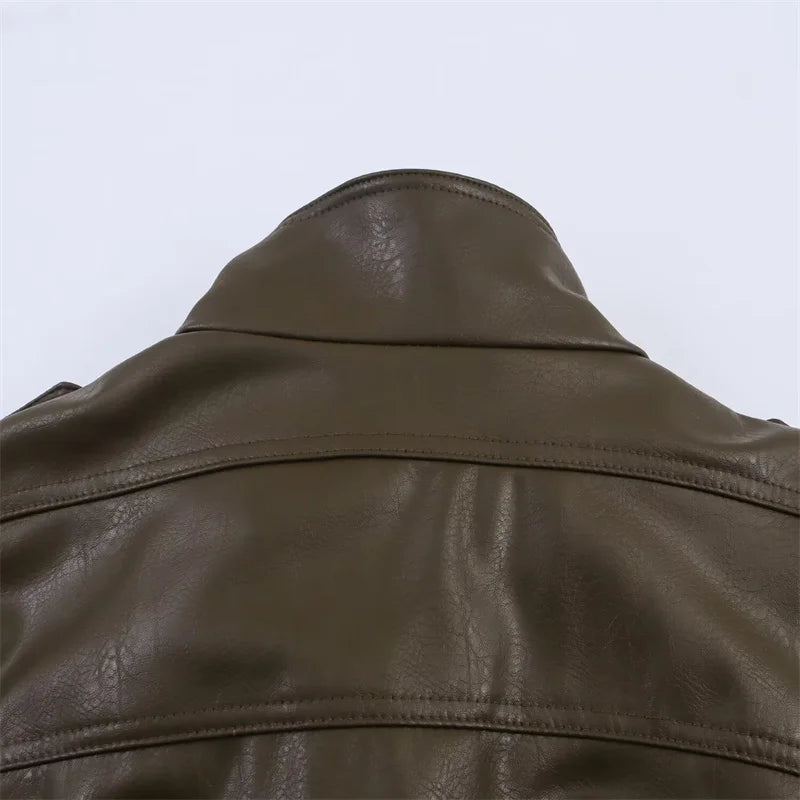Women's Jacket New Fall 2025 Dark Green Long Sleeve Faux Leather Short Jacket Jacket Biker Style Casual Fashion Personality