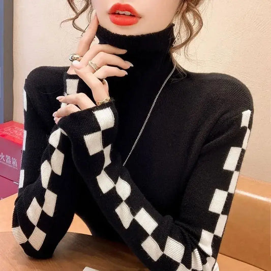 Pile Collar Plaid Bottoming Shirt Female New Autumn Winter Temperament All-match Sweater Interior Lapping Slim Turtleneck Tops