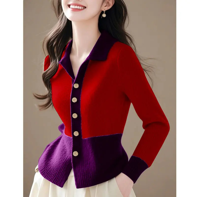 2024 Patchwork New Autumn Winter Polo Knitting Cardigan Sweater Coat Fashion All-match Long Sleeve Temperament Top Tee Women's