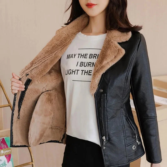 2022 New Winter PU Leather Jacket Women Short Blazers Coat Fleece Double-faced Fur Leather Outerwear Lady Slim Suit Tops Jackets