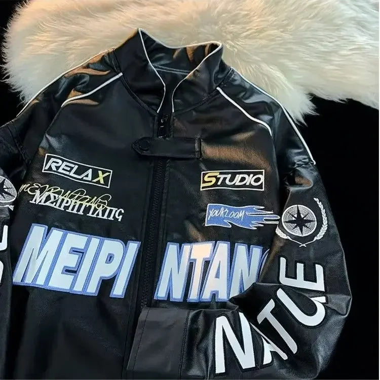 Motorcycle pu leather jacket coat baseball jacket pink american style women autumn and winter fried street high level clothes