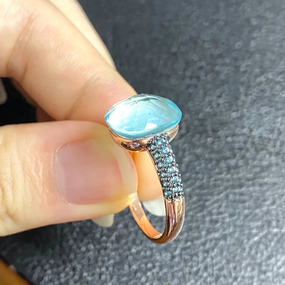 Blue Topaz Ring Inlay Black Zircon With Black Gun Plated 12.6mm Flat Crystal Ring For Women Party Fashion Jewelry Gift