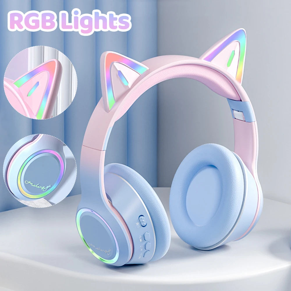 Gradient Wireless Headphones RGB Cat Ear Bluetooth Headphones With Microphone Stereo Music Game Earphone For Girls Kids Gifts