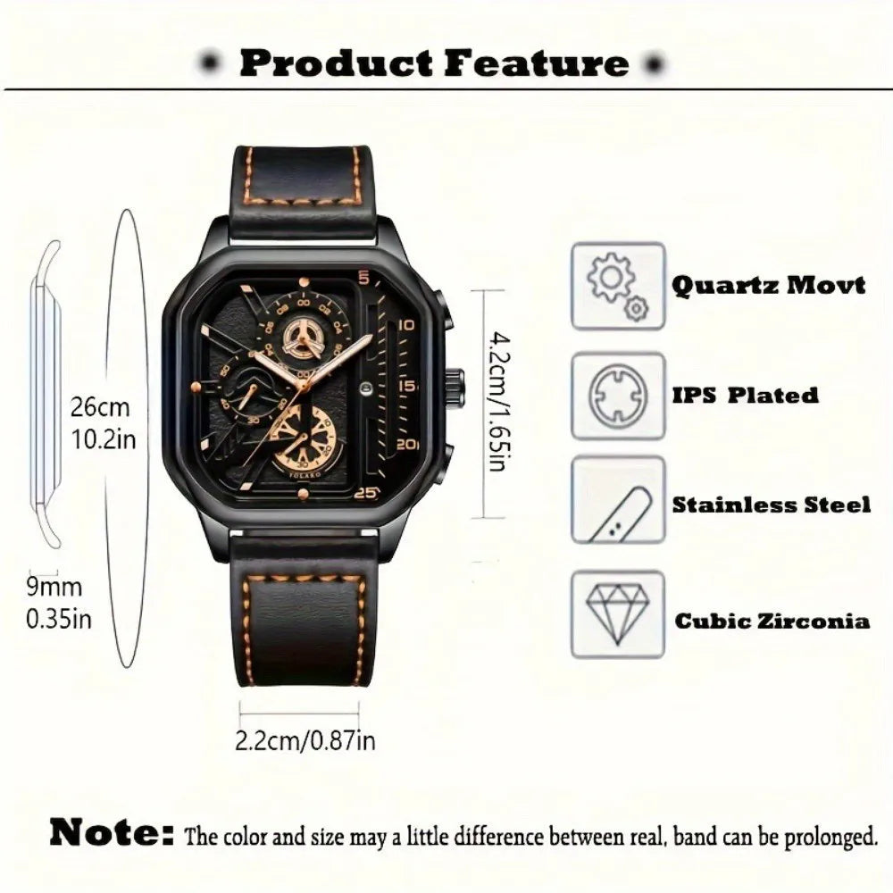 Luxury Big Dial Men Square Watch Casual PU Leather Strap Men Sports Watches