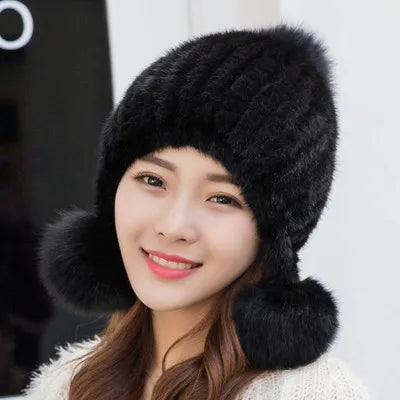 Mink Fur Hat Women Winter Thickened Ear Protection Hat Natural Fur Knitted Caps With Pom Pom Fox Ball Fashion Beanies Fur Hats