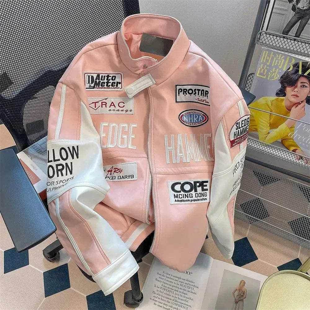 Motorcycle pu leather jacket coat baseball jacket pink american style women autumn and winter fried street high level clothes