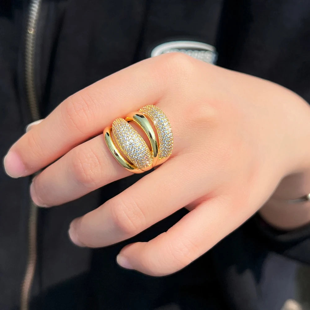 CWWZircons Adjustable Cubic Zirconia Bold Big Statement Ring for Women Luxury Gold Color Bridal Engagement Wedding Jewelry J0129