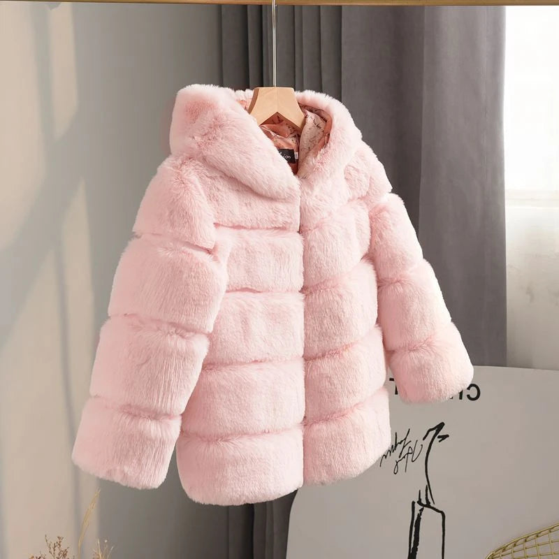 Kids Clothes Girls Fur Coats Winter Solid Faux Rabbit Fur Hooded Jacket for Babies Fashion Boy Thicken Warm Children's Clothing