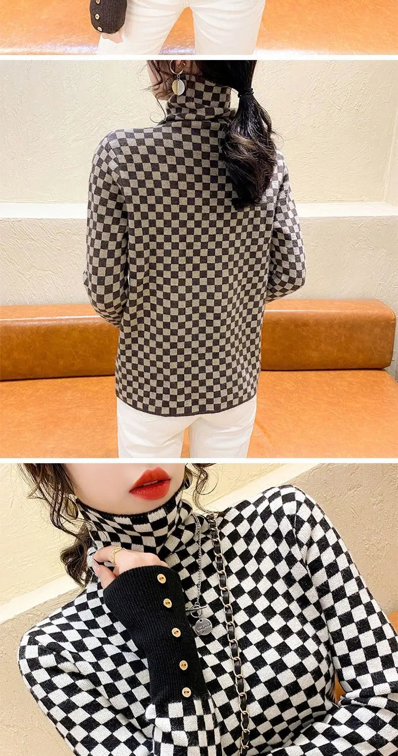 Women's Clothing Elegant Fashion Plaid Knit Pullovers Autumn Winter Vintage All-match Long Sleeve Patchwork Sweater Lady Y2k Top