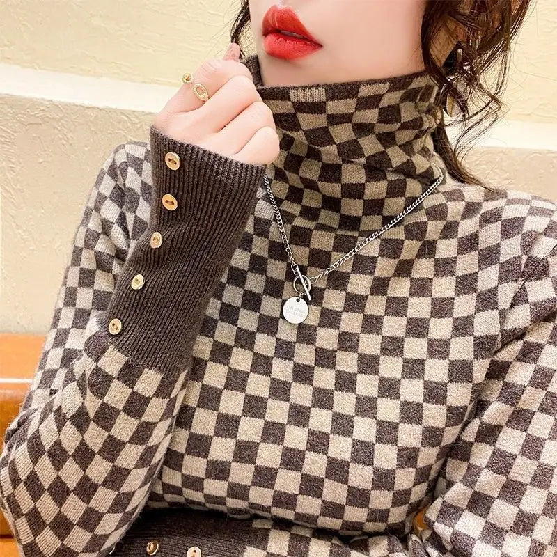 Women's Clothing Elegant Fashion Plaid Knit Pullovers Autumn Winter Vintage All-match Long Sleeve Patchwork Sweater Lady Y2k Top