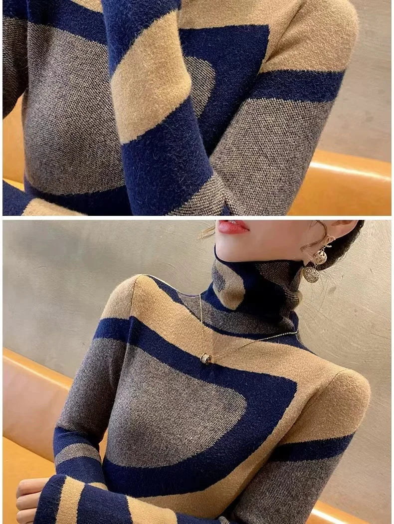 Women Clothing Fashion All-match Slim Knit Pullovers Autumn Winter Elegant Chic Geometric Patchwork Sweaters Office Lady Y2k Top