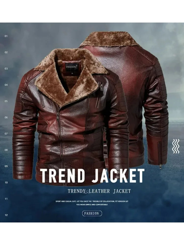 Fashion Warm Winter Mens PU Leather Jacket With Fur Collar Thicken Fleece Motorcycle Coat Casual Faux Leather Locomotive Jacket