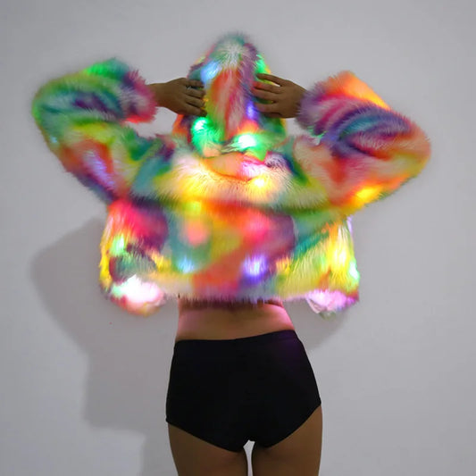 Popular Imitation Fox Fur Coat Female Cosplay Christmas Halloween Colorful LED Lights Carnival Coat
