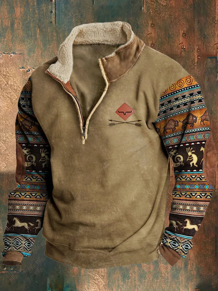 Autumn and winter men's 3D printed outdoor leather Collar hoodie new large size retro style casual zipper jacket sports hoodie