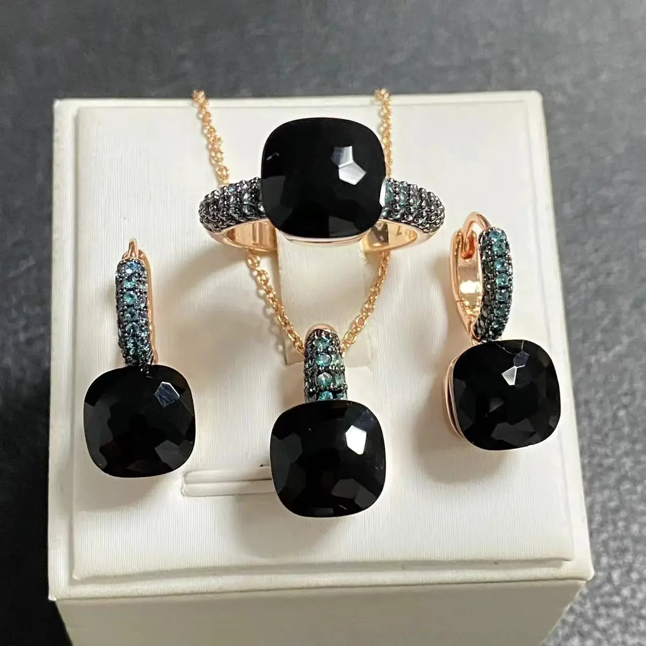 3Pcs Gun Black Plated Blue Zircon Jewelry Set for Women Includes Ring Earrings Necklace Elegant Crystal Blue Topaz Matching Gift