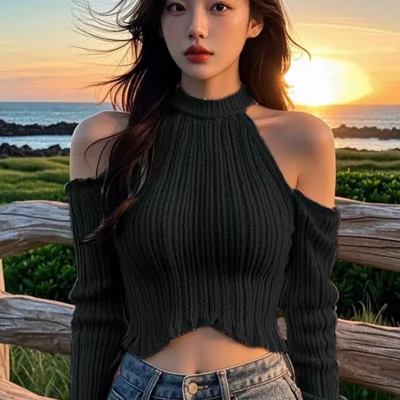 2025 Solid Elegant Off Shoulder Ribbed Crop Tops Autumn Fashion Casual Skinny Long Sleeve Camis Gentle Y2K Tight T-shirts