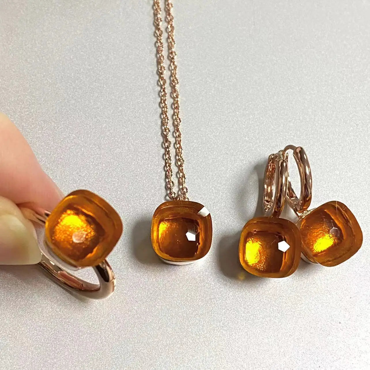 3Pcs/Set Women Ring Earrings Necklace Jewelry Set 34Colors Pink Crystal Jewelry Set Rose Gold Plated Jewelry