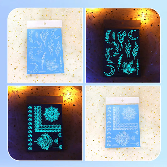 5pcs Blue Luminous Glow Waterproof Temporary Tattoo Sticker Line Star Butterfly Flash Tatto Women Men Arm Body Art Fake Tattoos