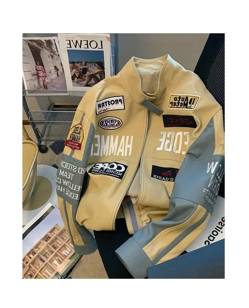 Motorcycle pu leather jacket coat baseball jacket pink american style women autumn and winter fried street high level clothes