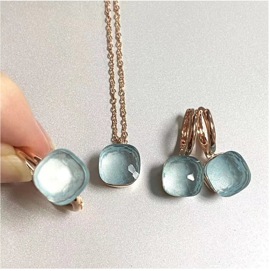 3Pcs/Set Women Ring Earrings Necklace Jewelry Set 34Colors Pink Crystal Jewelry Set Rose Gold Plated Jewelry