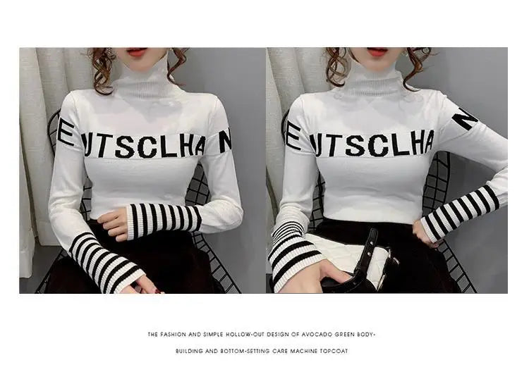 Turtleneck Pullovers Femme Autumn Winter Interior Lapping Fashionable Slim Bottoming Shirt Letter Knitting Sweater Striped Tops