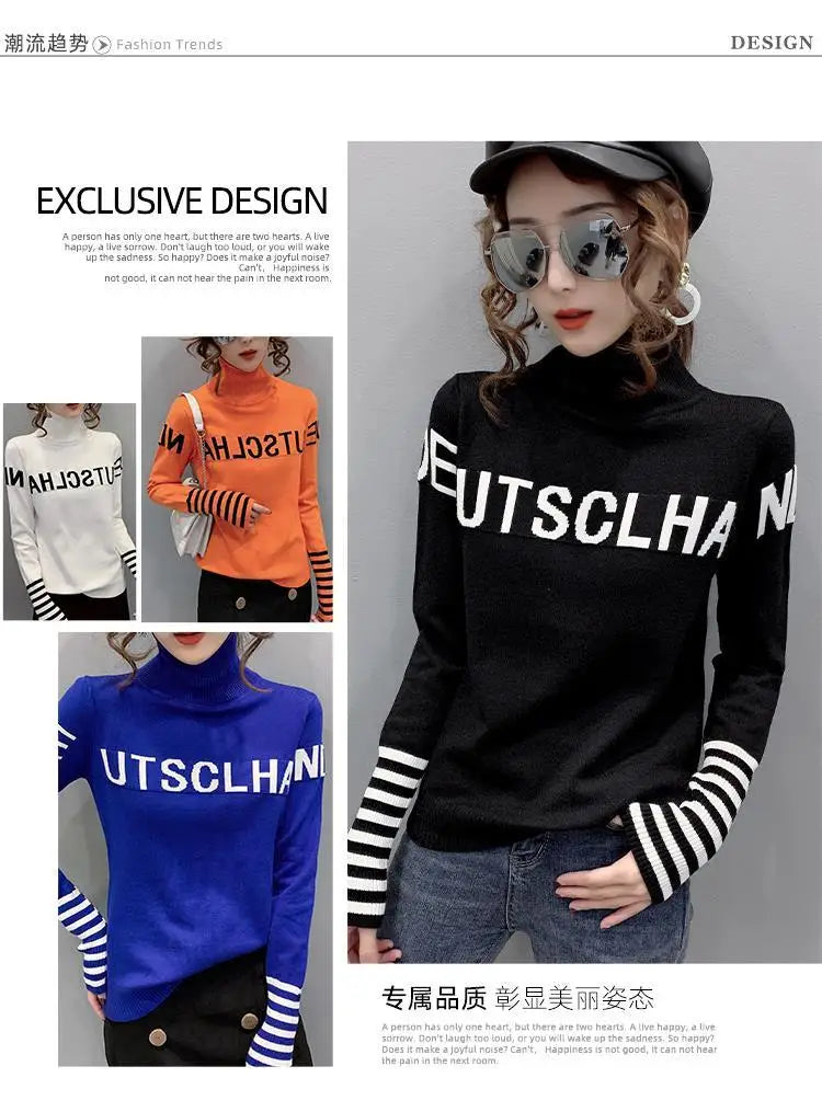 Turtleneck Pullovers Femme Autumn Winter Interior Lapping Fashionable Slim Bottoming Shirt Letter Knitting Sweater Striped Tops