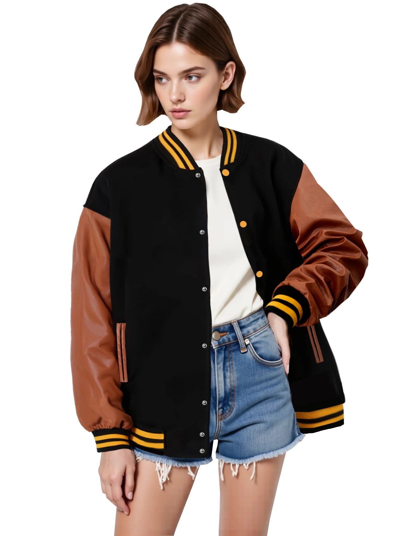Women's Varsity Jacket with PU Leather Sleeves Fashionable Comfort Design Multiple Colors Available Perfect for Casual Wear