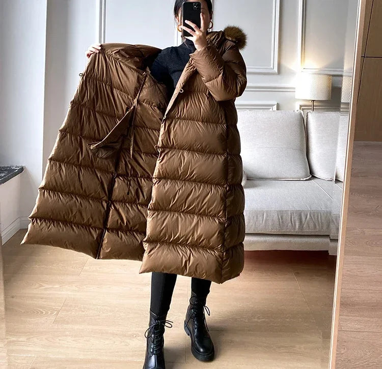 Real Fur Jacket 2024 Winter Women White Duck Down Jackets Ultra Light Warm Long Parkas Fox Fur Collar Female Hooded Snow Coats