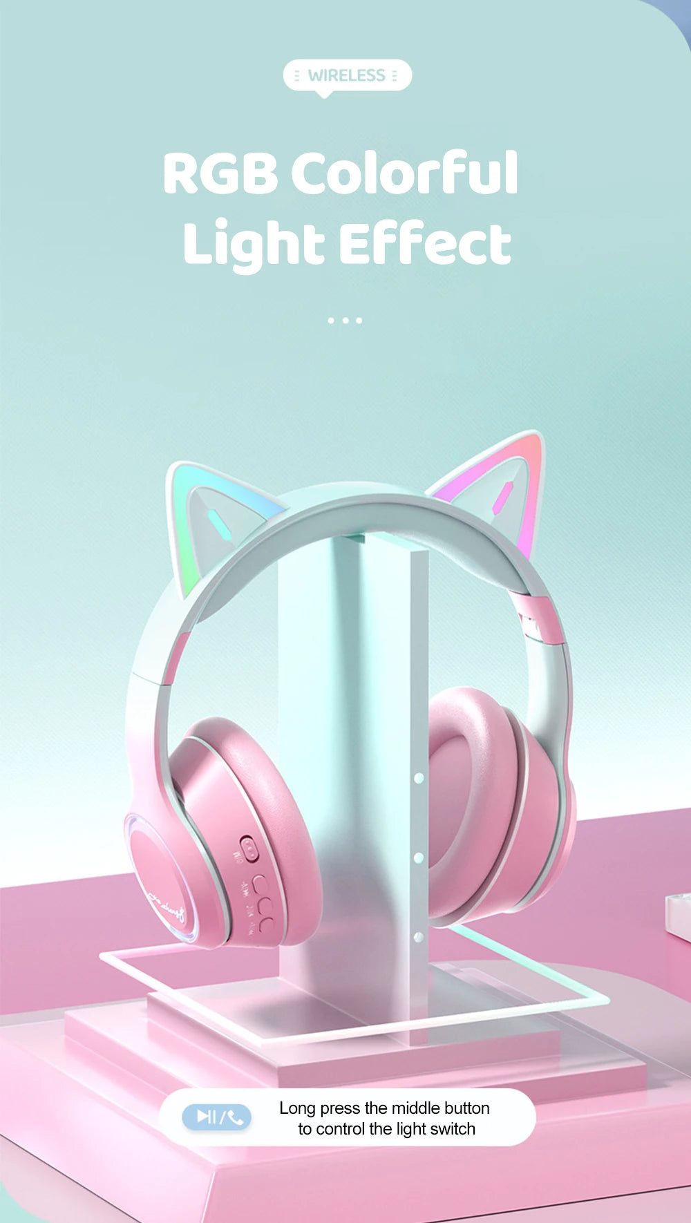 Gradient Wireless Headphones RGB Cat Ear Bluetooth Headphones With Microphone Stereo Music Game Earphone For Girls Kids Gifts