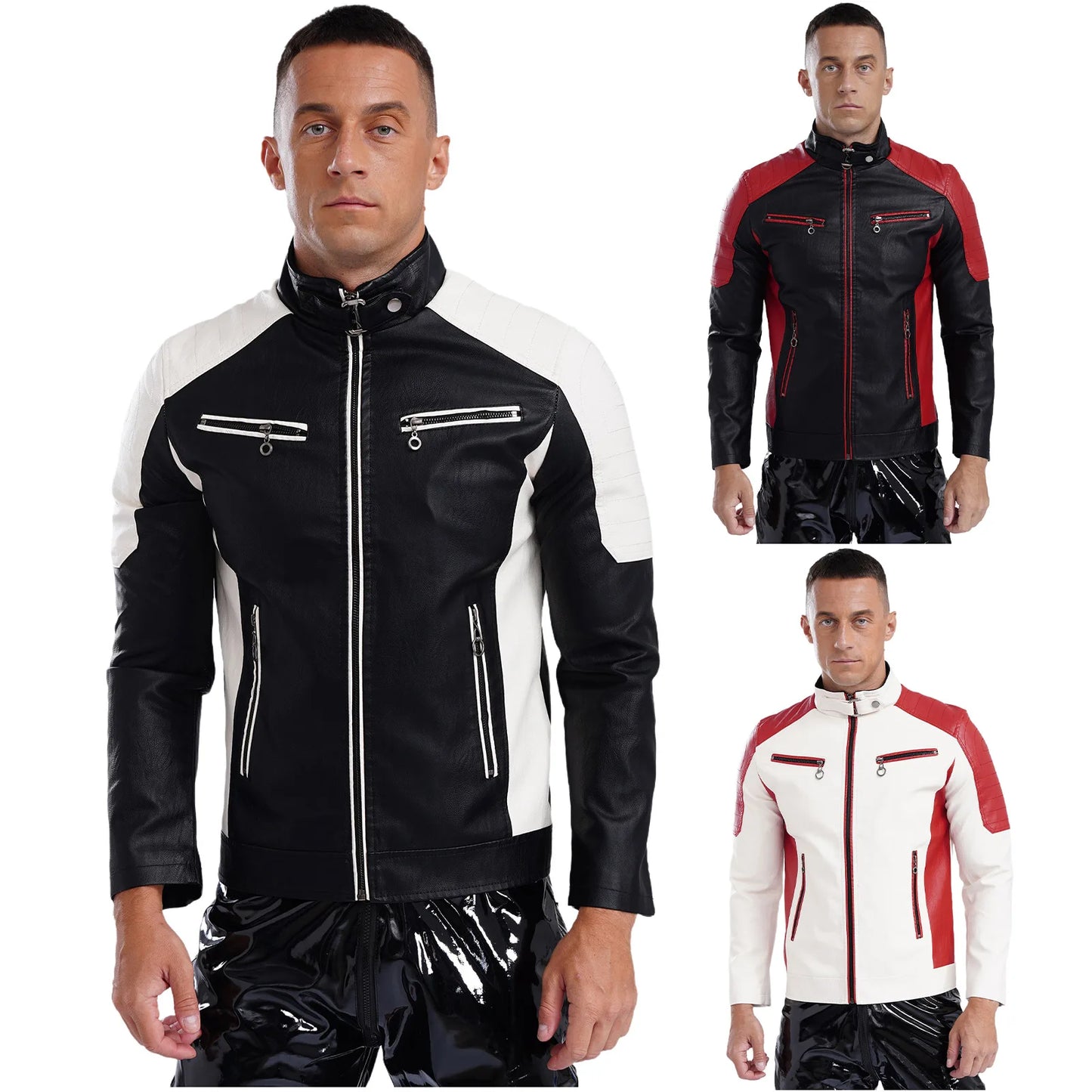 Mens Racing PU Leather Jackets Coat Long Sleeve Front Zipper Outerwear Windproof Motorcycle Biker Racer Bomber Jacket Streetwear