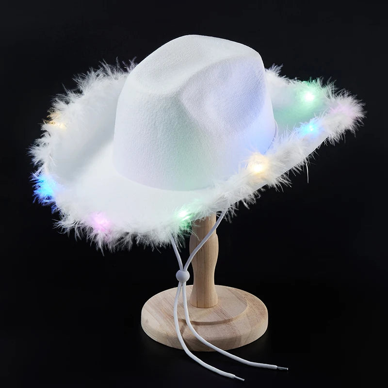 2024 New Felt Party Hats Fashion Cowboy Hat with Colorful LED Light Fun Party Disco Pink Cowgirl Hat for Women Men