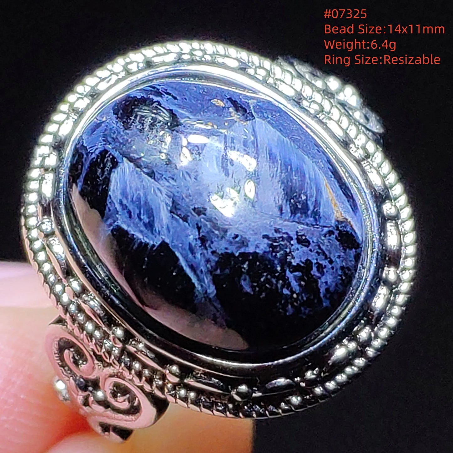 Natural Blue Pietersite Beads Adjustable Ring Woman Men Namibia Pietersite Ring Chatoyant Beads Fashion Silver Jewelry AAAAAA