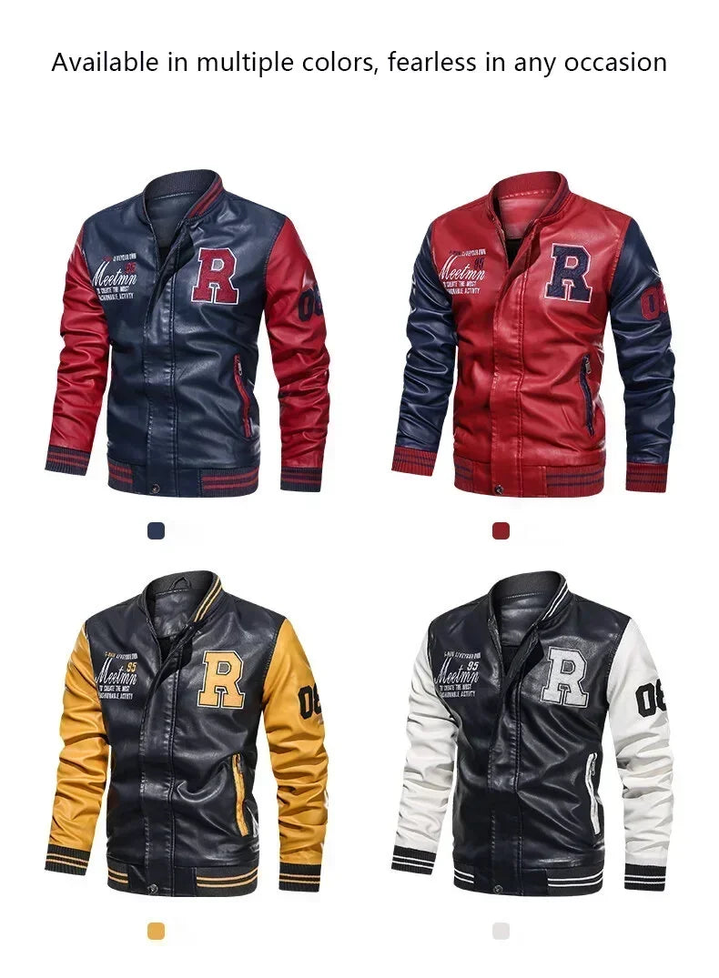 Men's American Leather Baseball Jacket Casual Color Block PU Pilot Coat Spring Autumn Leather Jacket Motorcycle Suit Jackets Men