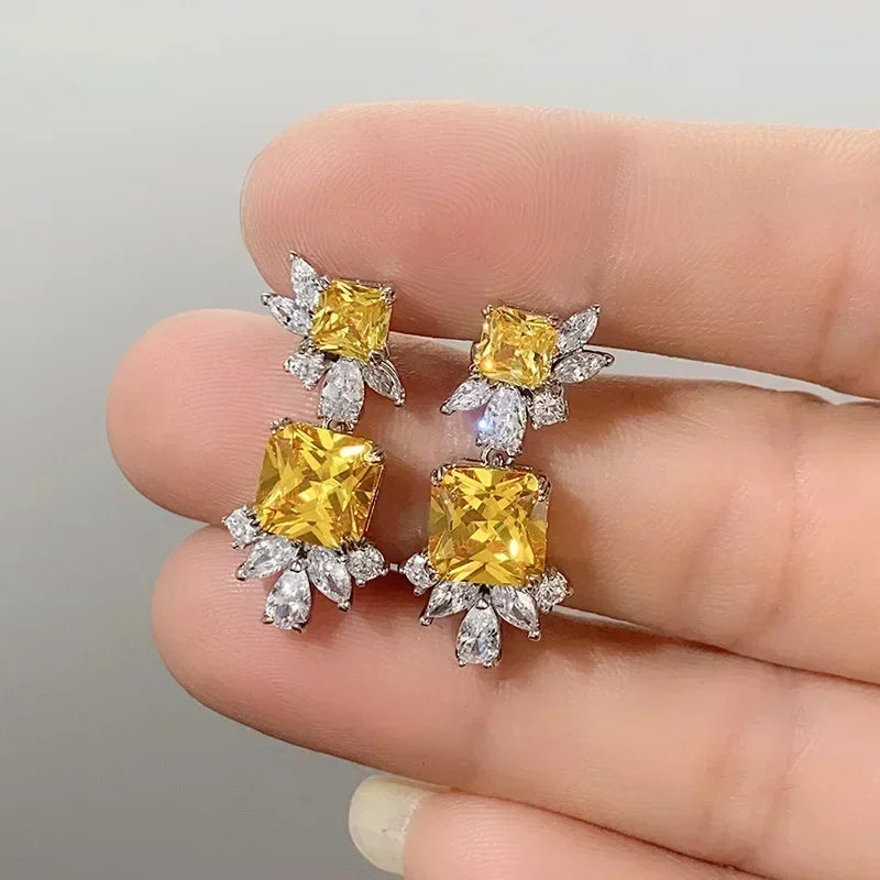 Luxury Square Purple Cubic Zirconia Crystal Earrings  for Women New FashionExquisite Fashion Gold Color Dangle  Wedding Jewelry