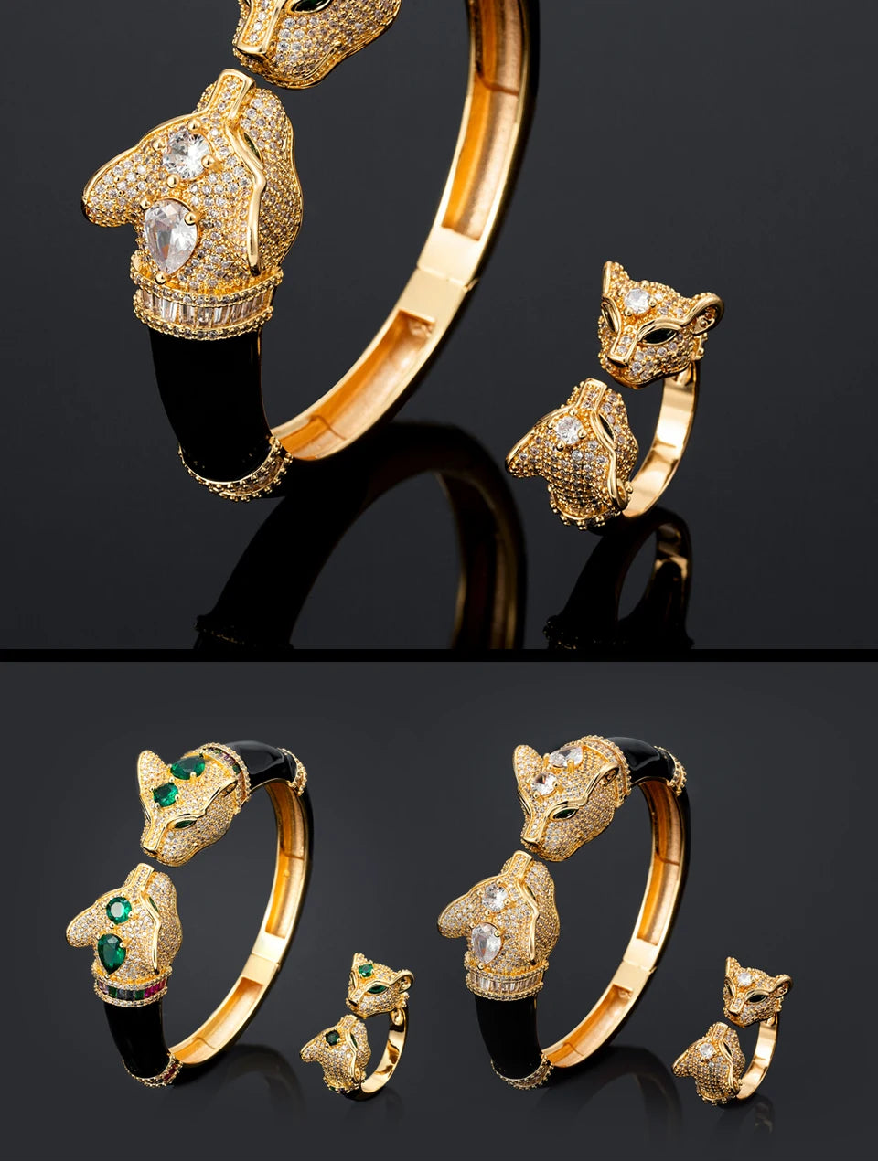 Ms High Quality Jet Leopard Animal Fashion Bangle Wtih Ring Women‘s Bridal Jewelry set Fine AAA Cubic Zirconia Bangle Bracelet