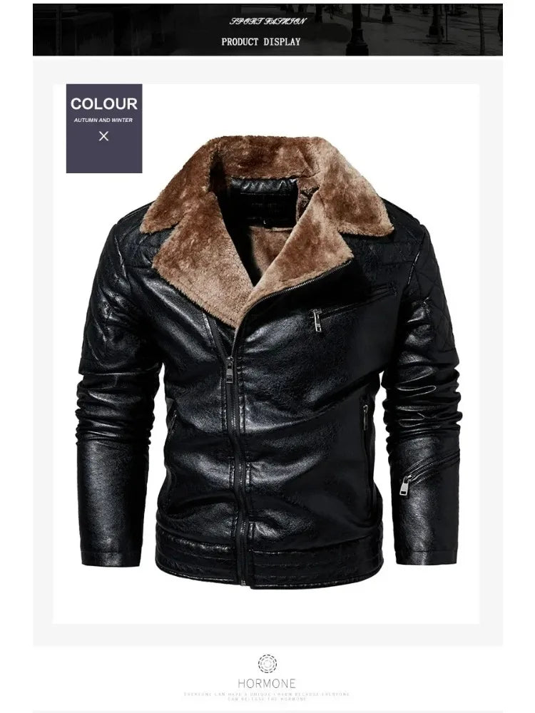 Fashion Warm Winter Mens PU Leather Jacket With Fur Collar Thicken Fleece Motorcycle Coat Casual Faux Leather Locomotive Jacket