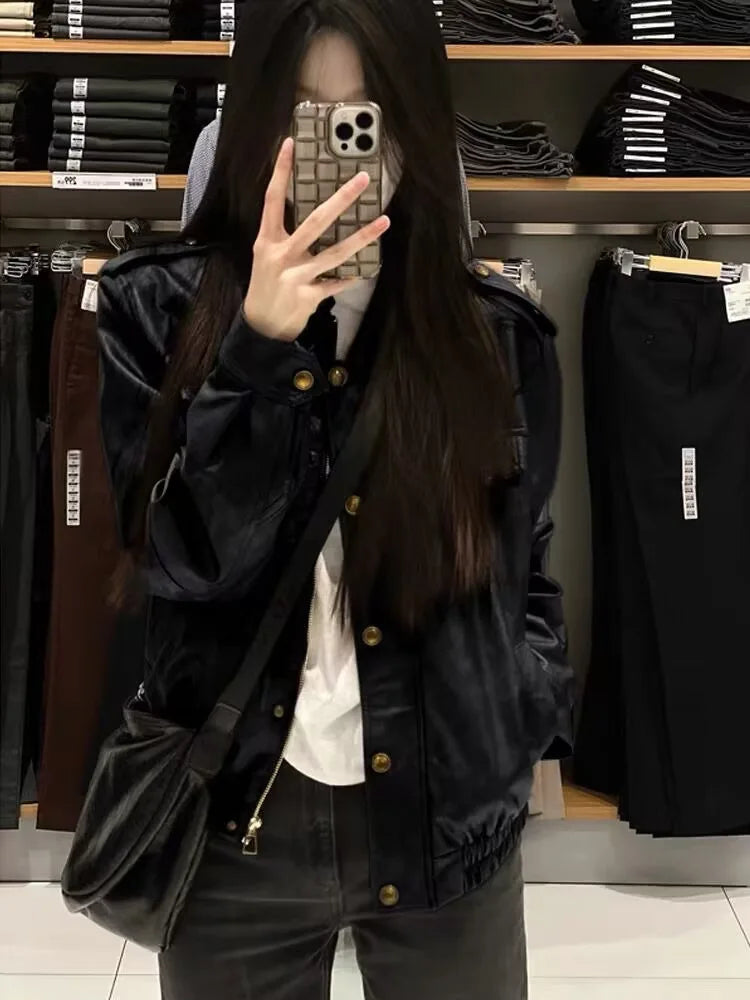 Pu Faux Leather Coat Women Casual Solid Jackets Long Sleeves Turn Down Collar Single Breasted Straight Streetwear 2025 Autumn