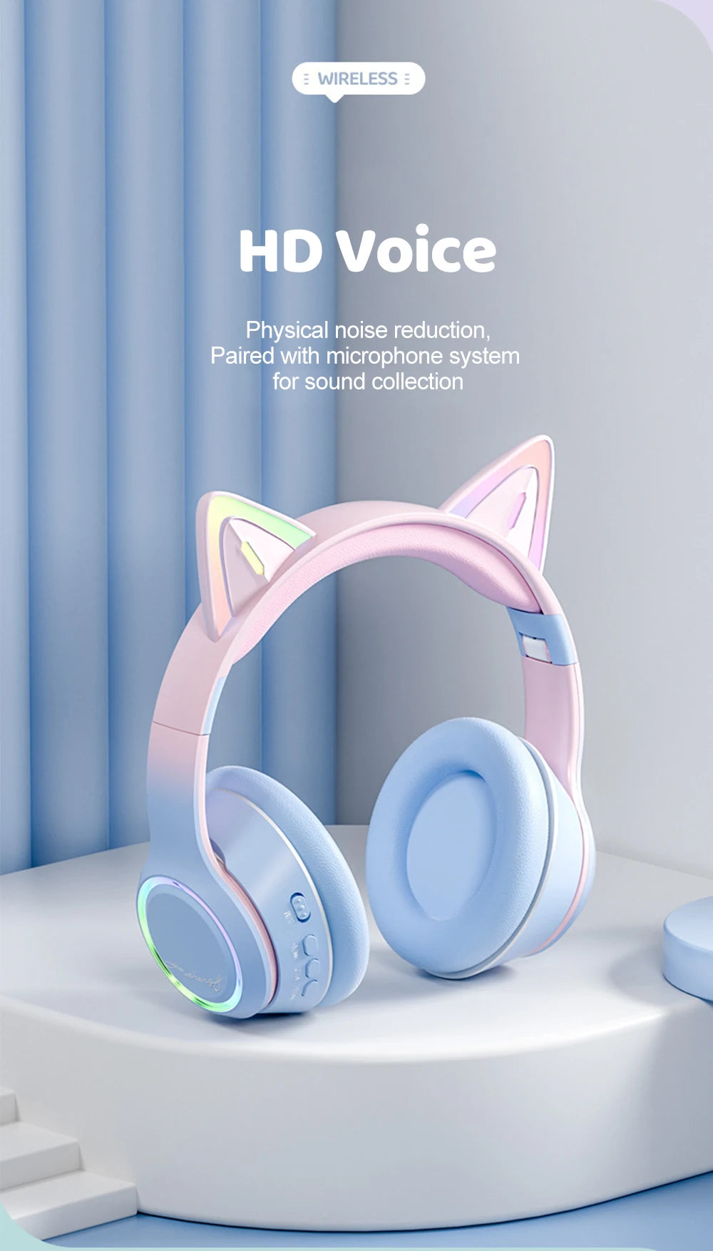 Gradient Wireless Headphones RGB Cat Ear Bluetooth Headphones With Microphone Stereo Music Game Earphone For Girls Kids Gifts