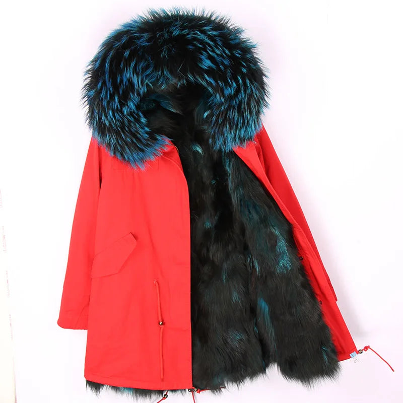 2024 MAOMAOKONG New Real Fur coat Raccoon Collar Detachable Fox fur lining jackets Women's winter Coats parkas Female clothing