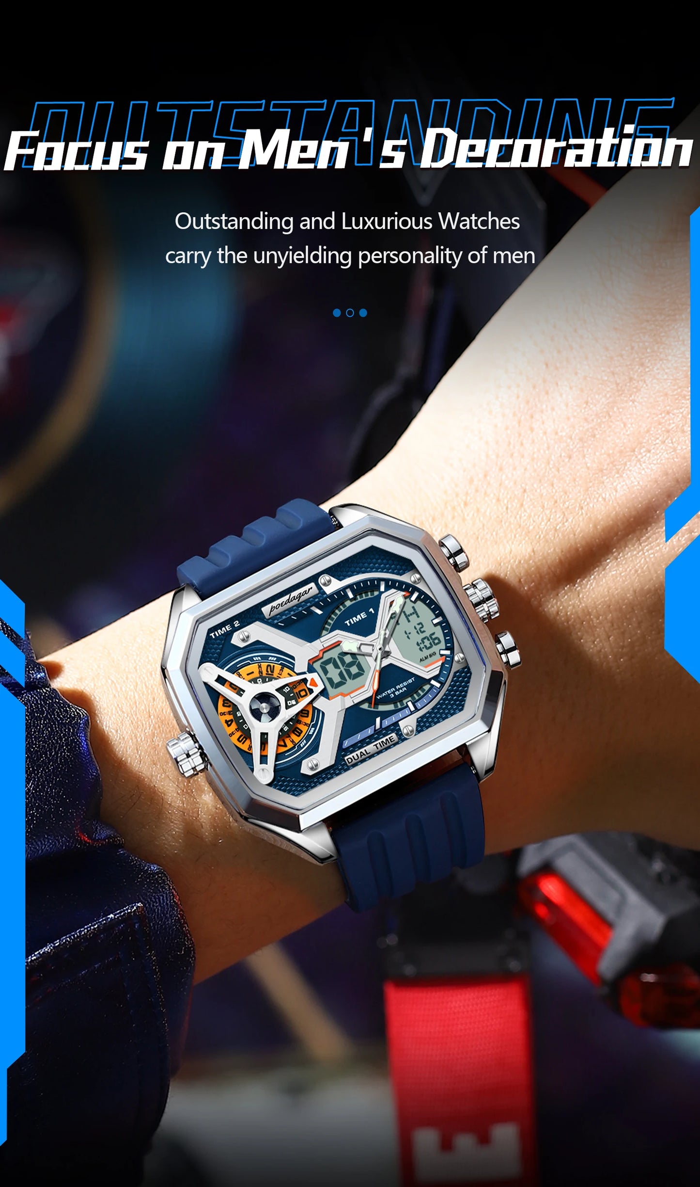 POEDAGAR Top Luxury Men Clock LED Calendar Week Luminous Man Wristwatch Electronic Rectangle Silicone Strap Quartz Men's Watches