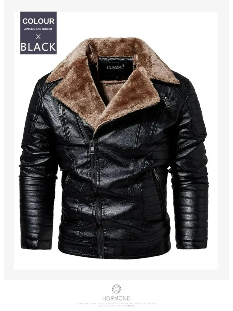 Fashion Warm Winter Mens PU Leather Jacket With Fur Collar Thicken Fleece Motorcycle Coat Casual Faux Leather Locomotive Jacket