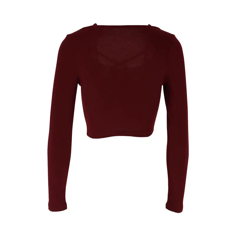 Sexy Wine Red Women's T-shirt   Hollow Out Low Chest Top New Streetwear Fashion Long Sleeves Casual Slim Female Knitted Tees Top