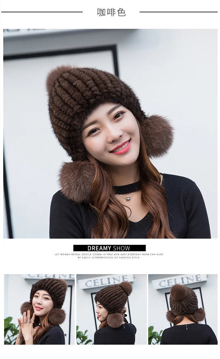 Mink Fur Hat Women Winter Thickened Ear Protection Hat Natural Fur Knitted Caps With Pom Pom Fox Ball Fashion Beanies Fur Hats